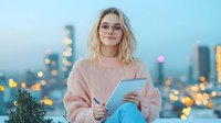 Young Caucasian woman in pink sweater writing in notebook on rooftop, city lights bokeh background, modern urban lifestyle, business professional wearing glasses.
