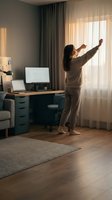 Woman with long dark hair, South Asian ethnicity, stretching arms overhead in home office during morning sunlight, wearing casual beige sweater and pants, promoting wellness and work-life balance.