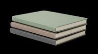 Stack of three closed books with green, beige, and gray covers isolated on transparent background, ready for educational design, clipart, print-on-demand products, and sublimation projects.