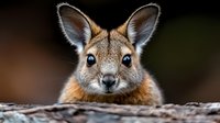 Close up portrait of young wallaby face showing detailed fur texture and large expressive eyes against dark background, wildlife photography concept.
