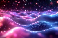 Abstract digital landscape with flowing particle waves in pink and blue neon colors against dark background, glowing dots creating futuristic terrain surface.