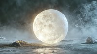 Full moon rising over misty rocky terrain with dramatic atmospheric clouds, creating ethereal moonlit landscape in soft golden light. Mystical night scene.