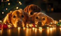 Three Golden Retriever dogs lying together with glowing Christmas lights creating warm bokeh effect, festive holiday mood with soft illumination and cozy atmosphere.