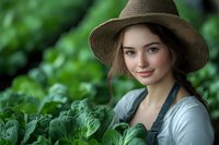 Young woman with long dark hair and fair complexion wearing a brown straw hat and blue shirt, standing in a lush green vegetable garden among leafy plants, smiling at camera.