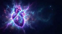 Human heart with electric lightning energy surrounded by cosmic nebula space background with glowing purple and blue colors for medical design.