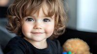 Adorable toddler with curly blonde hair and bright blue eyes smiling at camera while wearing dark shirt, soft natural lighting creates gentle mood for family photography.