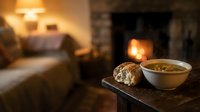 Warm bowl of soup with bread roll on wooden table in cozy living room with fireplace and armchair, comfort food for relaxation and home dining.