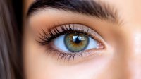 Close up macro shot of bright green eye with long dark eyelashes and defined eyebrow against smooth skin, showing intricate iris detail and natural beauty.