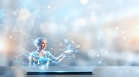Businesswoman using tablet with digital hologram interface displaying data analytics, charts, and network connections for business intelligence and technology solutions.