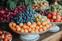 Fresh organic fruits displayed on ornate serving platters at farmers market with blueberries grapes and seasonal produce for healthy eating and nutrition.