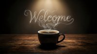 Steaming coffee cup on rustic wooden table with smoke forming Welcome text, warm moody lighting, cozy cafe atmosphere.