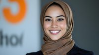 Young Middle Eastern woman wearing hijab smiling confidently in professional setting, representing diversity in workplace.