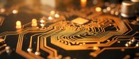 Golden circuit board with intricate pathways and glowing lights showcasing modern technology and electronic engineering for tech presentations and digital concepts.