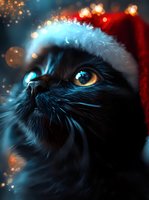 Black cat wearing red Santa hat gazes upward with golden eyes against dark background with magical holiday bokeh lights and sparkles. Festive Christmas pet portrait.