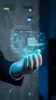 Businessman hand touching holographic digital identity management interface with face recognition technology and circuit board background for cybersecurity.