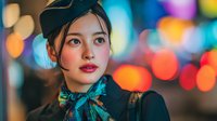 Young Asian woman in vintage beret and bow tie against colorful bokeh city lights background for fashion and lifestyle concepts.