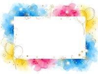 Colorful watercolor frame with blue, pink and yellow paint splashes surrounding white copy space for text or design elements.