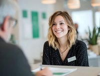 Smiling young Caucasian woman with blonde wavy hair in polka dot blouse during business meeting in bright modern office environment.