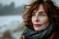 Mature redhead woman with blue eyes wearing winter scarf, close-up portrait outdoors. Natural wind-blown curly hair and minimal makeup create authentic atmospheric mood.