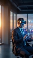 Professional businessman using virtual reality headset with holographic data displays in modern office environment for business technology applications.