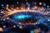 Abstract cosmic vortex with glowing blue light rays and golden particles creating magical portal effect against dark background. Bokeh lights add depth.