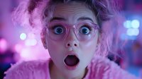Young woman with pink hair and glasses expressing extreme surprise against blurred purple bokeh background, mouth open in astonishment, close up portrait.