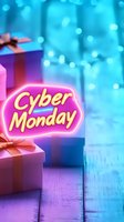 Glowing neon Cyber Monday sign with wrapped gift boxes on wooden surface against blurred blue bokeh background, creating festive online shopping atmosphere.