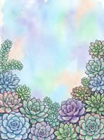 Watercolor succulents arrangement with pastel rainbow background, featuring blue, purple and green rosette plants with copy space for text.