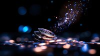 Wedding rings with magical sparkles and bokeh lights on dark background, romantic jewelry photography for marriage and engagement announcements.