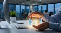 Professional businessman protecting digital home icon with hands in modern office environment representing real estate technology and property security solutions.