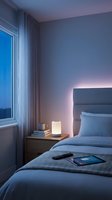 Modern bedroom interior with ambient LED lighting and smart home technology for relaxation and sleep comfort.