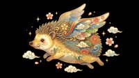 Flying hedgehog with ornate floral wings in Asian folk art style, isolated on transparent background, ready for stickers, t-shirt design, and print on demand.