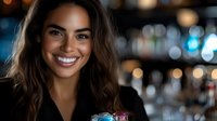 Young mixed race woman with bright smile and wavy dark hair wearing black blazer against blurred nightclub or restaurant background with bokeh lights.