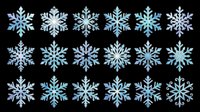 Eighteen blue holographic snowflakes set, isolated on transparent background, ready for winter stickers, T-shirt design, sublimation, and print on demand crafts.
