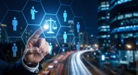Digital justice concept with businessman touching legal scale icon in hexagonal network interface against modern city skyline at night.