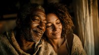 Happy African American senior man and young woman embracing warmly in cozy home setting with golden lighting creating intimate family moment.