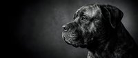 Majestic mastiff dog portrait in dramatic black and white photography with moody lighting and dark background for pet lover designs and canine artwork.