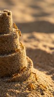 Detailed sandcastle on beach with golden sunlight creating warm shadows and textures in fine sand grains during summer vacation time.