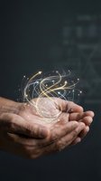 Hands holding glowing light orb with golden arrows and digital particles, representing innovation, technology, growth, and business solutions for corporate and startup concepts.