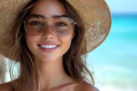 Young Caucasian woman with bright smile wearing straw hat and glasses against turquoise ocean background, radiating summer vacation happiness and carefree lifestyle.
