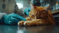 Ginger cat receiving medical examination at veterinary clinic. Veterinarian in blue protective gloves checking feline patient on examination table. Professional pet care.
