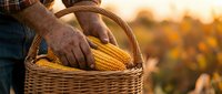 Farmer hands holding fresh corn cobs in wicker basket during golden hour harvest time in agricultural field with warm sunset lighting.