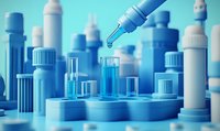 Laboratory pipette dropping liquid into test tube among medical containers and vials in blue toned scientific research setting.