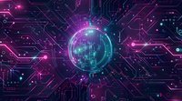 Futuristic digital sphere with glowing circuit patterns in neon pink and blue colors against electronic motherboard background, representing technological advancement.