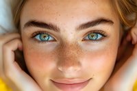 Close-up portrait showing bright blue eyes, natural freckles, and gentle smile against soft background, capturing youthful beauty and authentic expression.