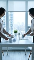 Two women with long dark hair and light skin tone sit at opposite ends of a white desk in a high-rise office, facing each other with laptops and coffee cups, potted plants between them, city skyline visible through floor-to-ceiling windows behind them, suggesting business meeting or remote work collaboration.