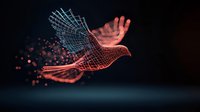 Digital wireframe dove silhouette with glowing orange light effect and particle trail flying against dark background, symbolizing peace and technology fusion.