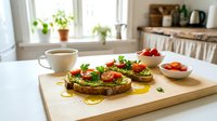 Whole grain toast topped with fresh avocado, tomatoes, and herbs served on wooden table with coffee cup and bright kitchen window background.