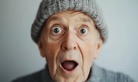 Senior Caucasian man with shocked surprised expression wearing gray knit beanie and sweater against light background, mouth open wide and eyes bulging in astonishment.
