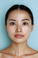 Before and after skincare treatment comparison showing facial skin texture, freckles, and complexion changes against light blue background. Professional beauty concept.